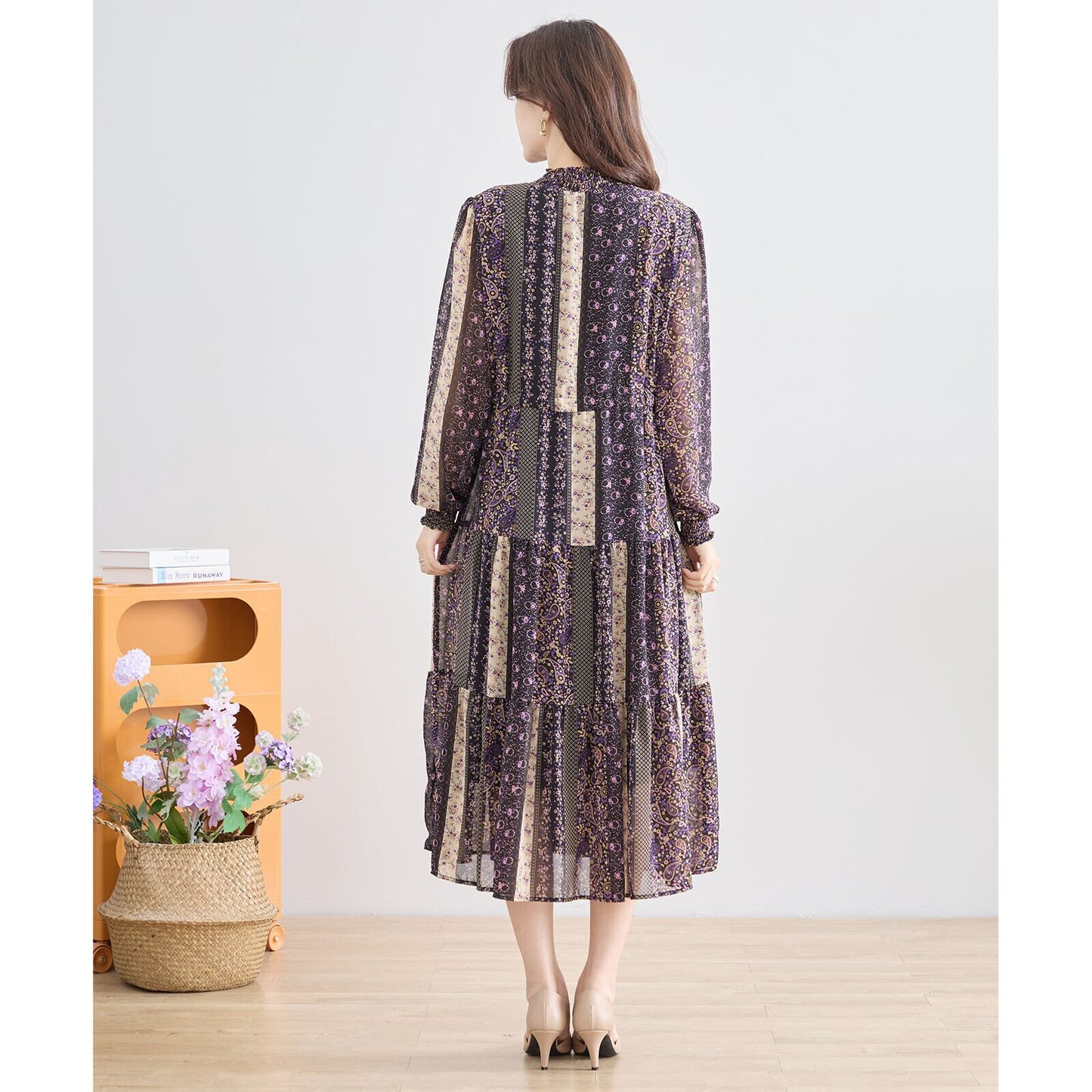 【L〜LL】エスニックシフォンティアードワンピース