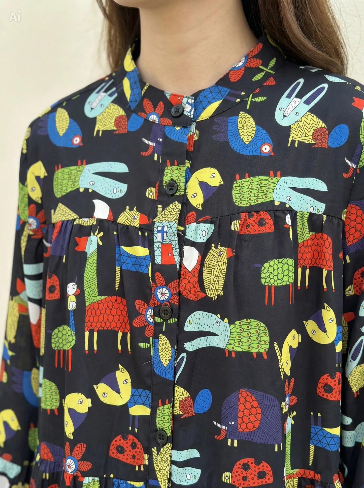 【前開き】アソート柄ティアードワンピース