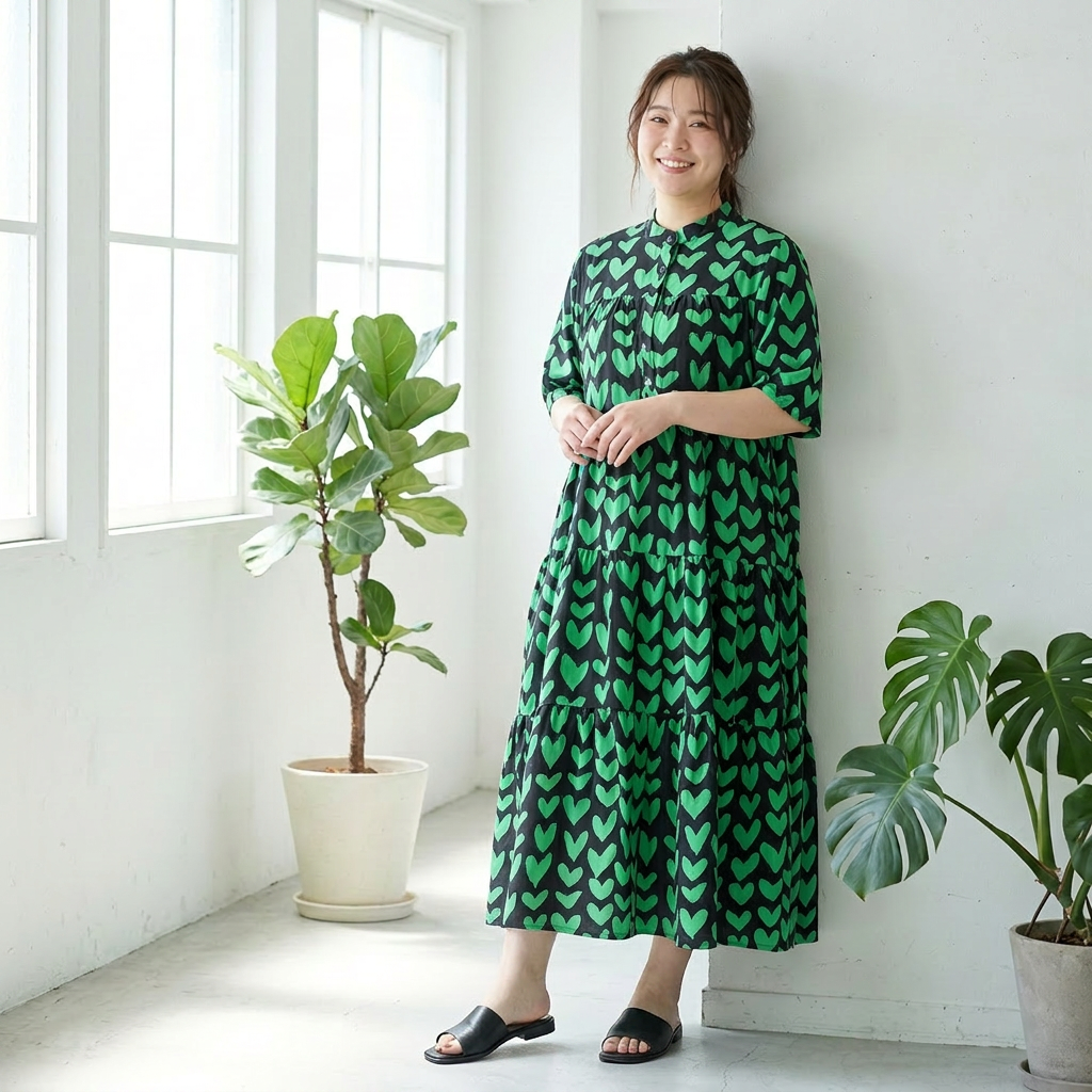 大人可愛いハート柄ティアードワンピース｜ゆったりシルエット・体型カバー